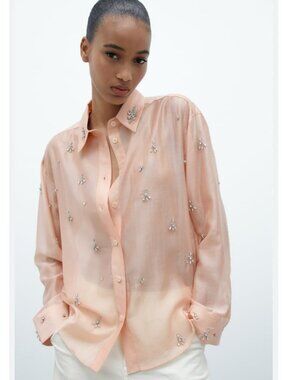 Zara sz M (8-10) Embellished Rhinestone Blush Beige Pink Shirt Blouse Long Sleev
